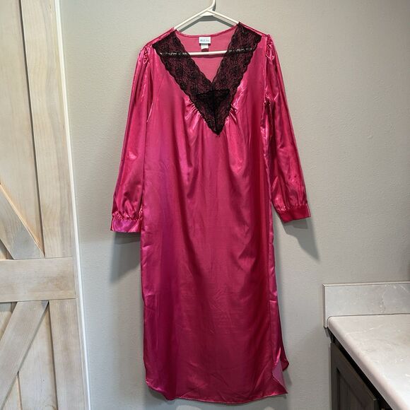 Vintage Y2K Womens Satin Nightgown Small Bright Pink Lace V Neck Long Line - Picture 1 of 11